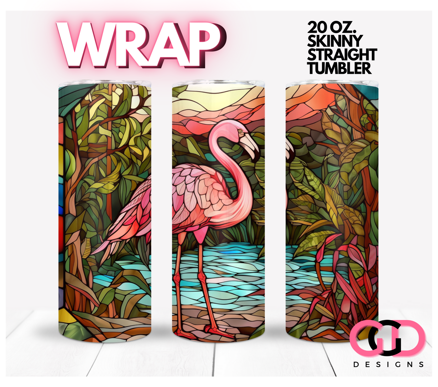 Jungle Stained Glass Flamingo-   Digital tumbler wrap for 20 oz skinny straight tumbler