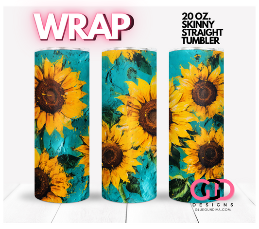 Rustic Sunflowers and Teal-   Digital tumbler wrap for 20 oz skinny straight tumbler