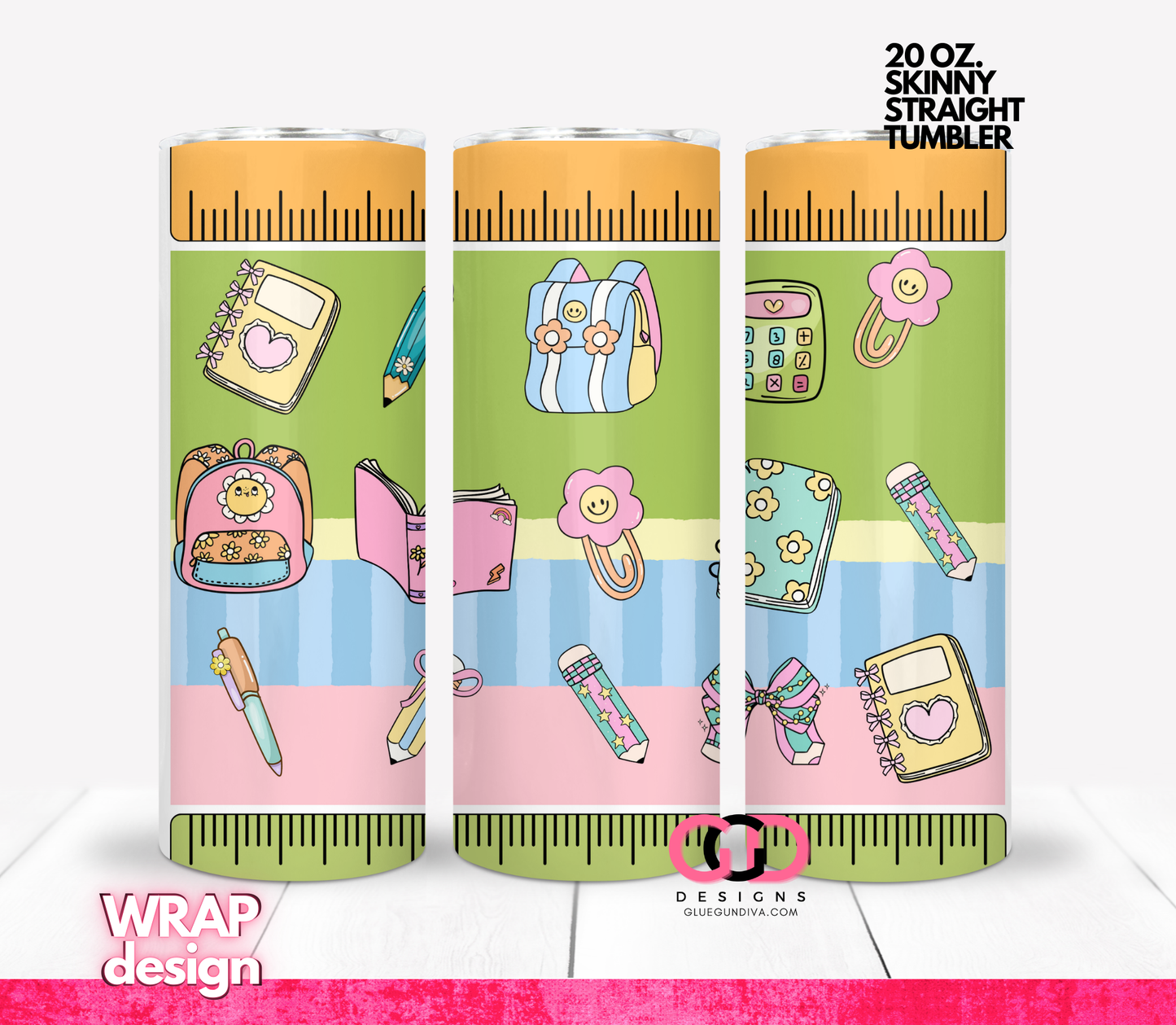 School Supplies fun-   Digital tumbler wrap for 20 oz skinny straight tumbler