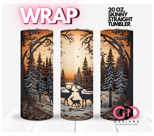 Winter scene wood laser cut-   Digital tumbler wrap for 20 oz skinny straight tumbler
