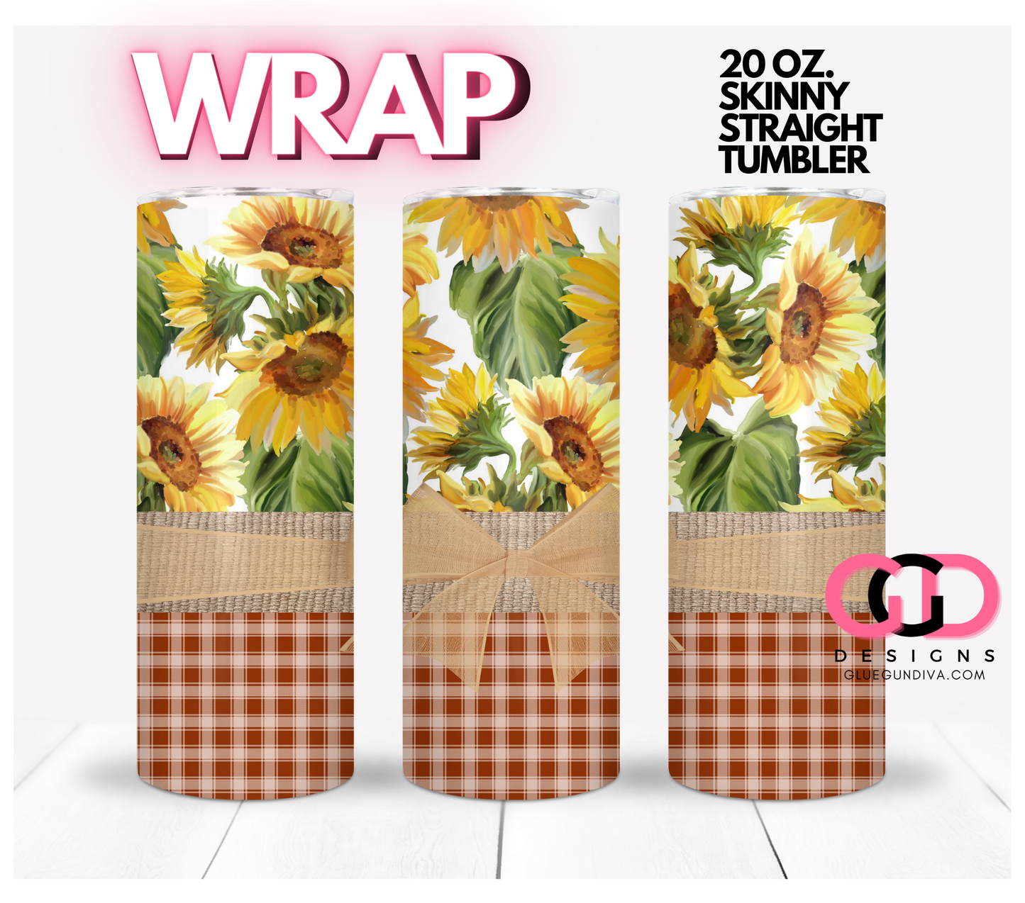 Sunflowers and Plaid-   Digital tumbler wrap for 20 oz skinny straight tumbler