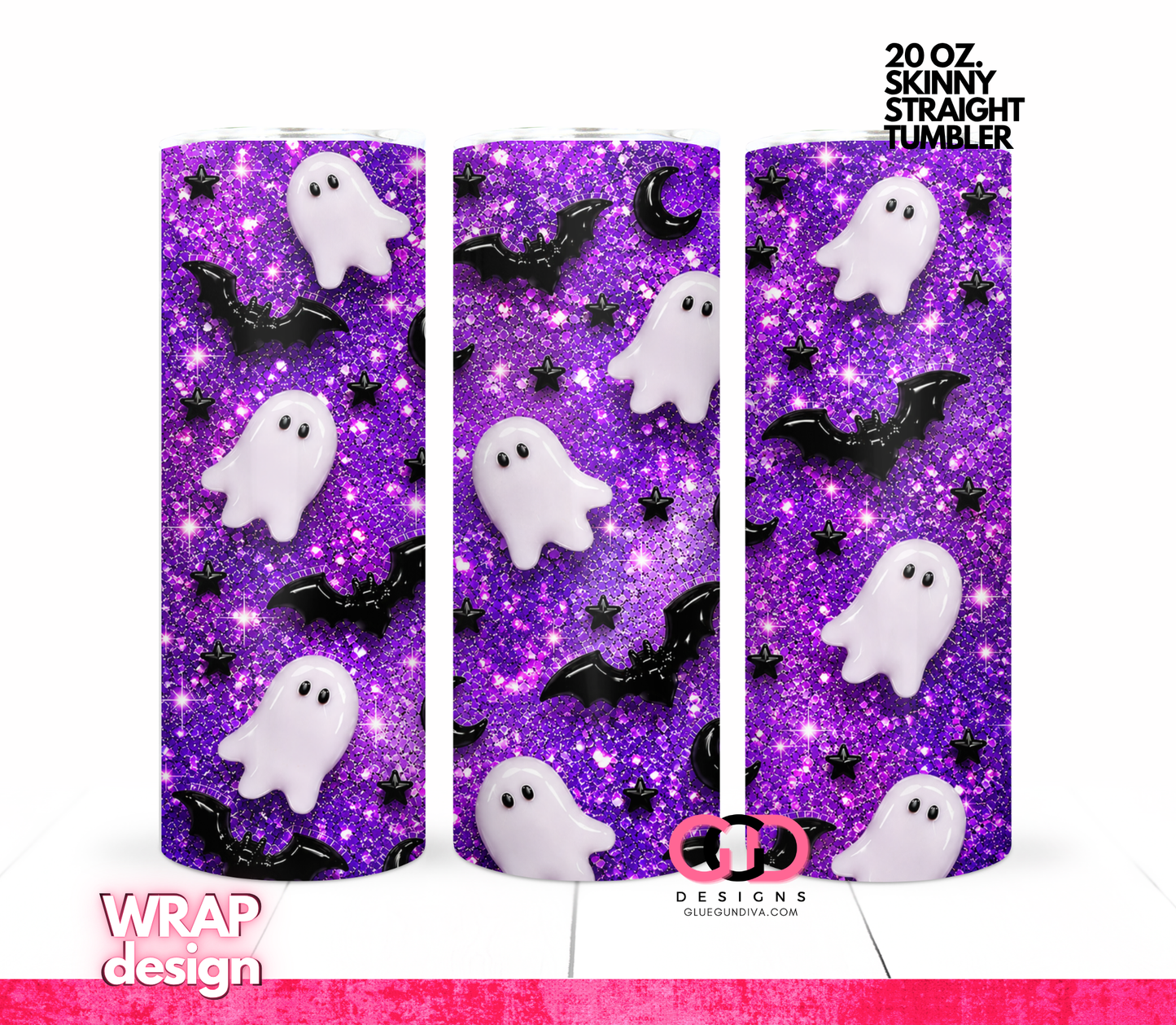 Glossy Ghosts Purples -  Digital tumbler wrap for 20 oz skinny straight tumbler