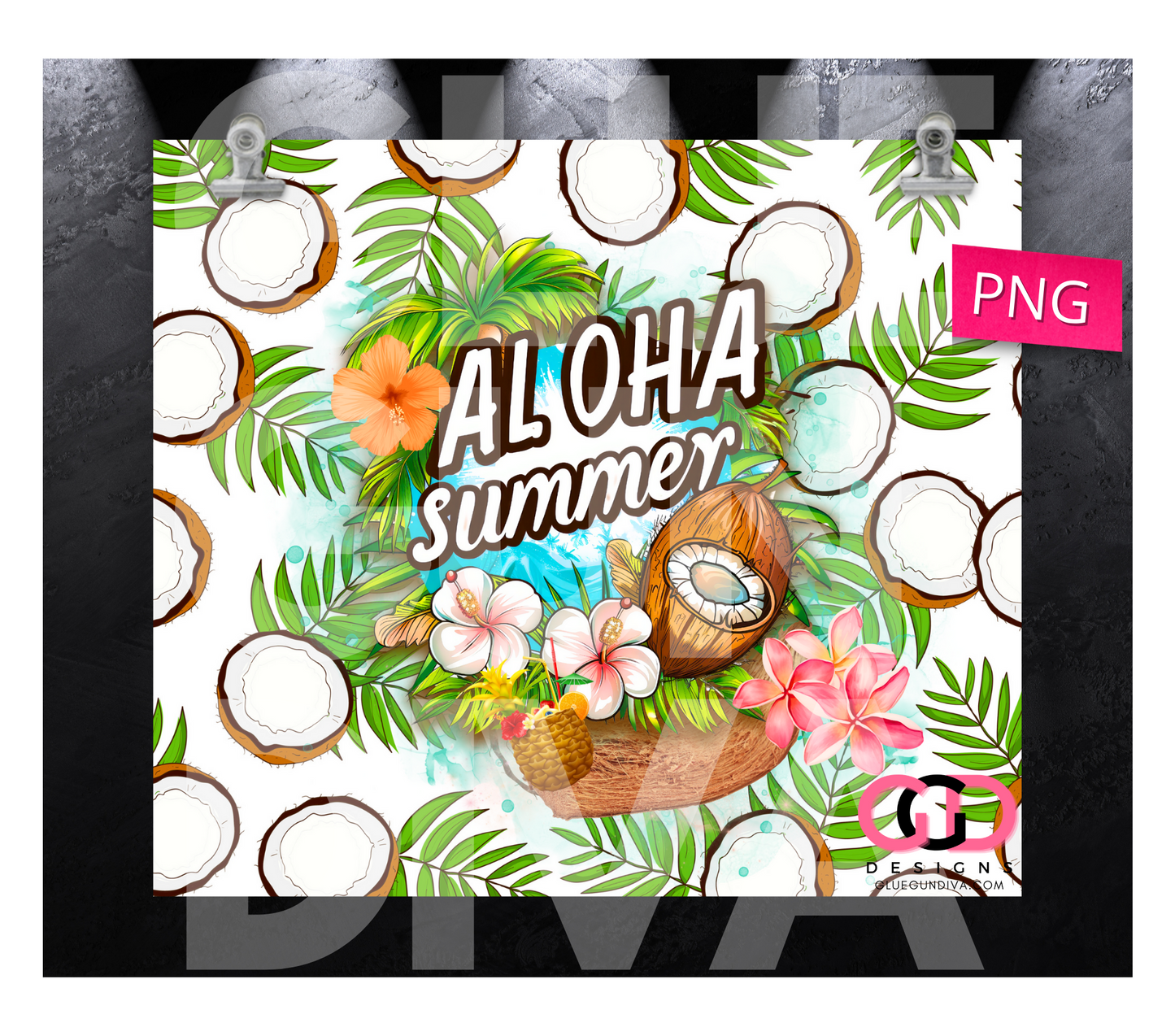 Aloha Summer Coconut -  Digital tumbler wrap for 20 oz skinny straight tumbler