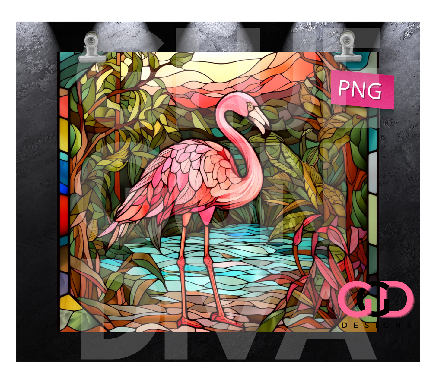 Jungle Stained Glass Flamingo-   Digital tumbler wrap for 20 oz skinny straight tumbler