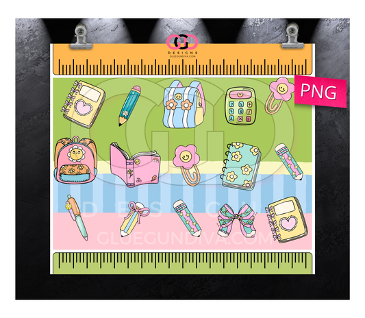 School Supplies fun-   Digital tumbler wrap for 20 oz skinny straight tumbler