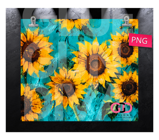 Rustic Sunflowers and Teal-   Digital tumbler wrap for 20 oz skinny straight tumbler