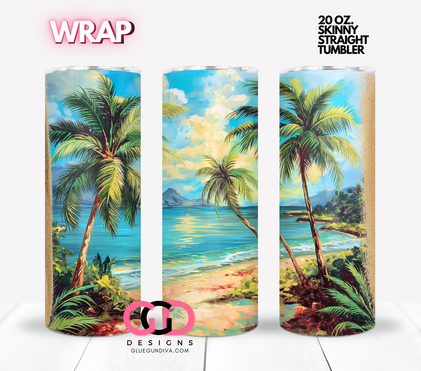 Tropical Beach -  Digital tumbler wrap for 20 oz skinny straight tumbler