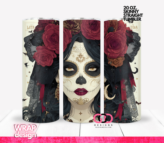 Calavera Burgundy Roses-   Digital tumbler wrap for 20 oz skinny straight tumbler
