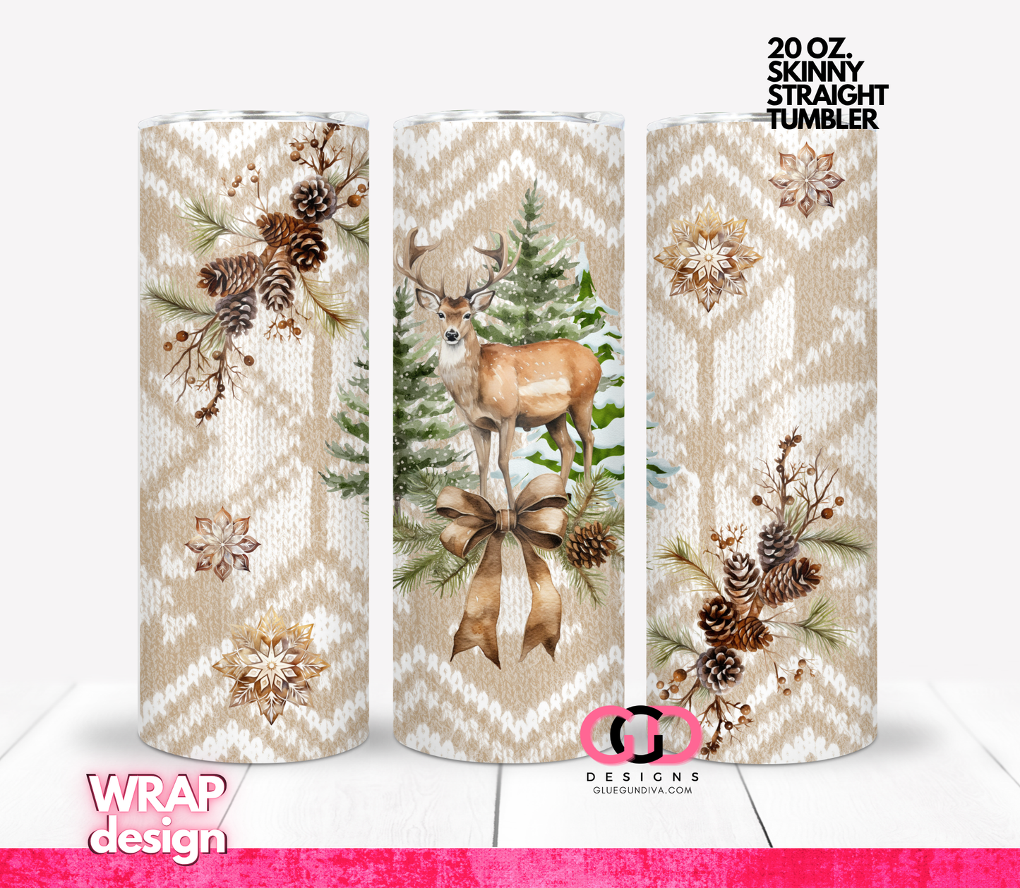 Knitted Winter Deer -   Digital tumbler wrap for 20 oz skinny straight tumbler