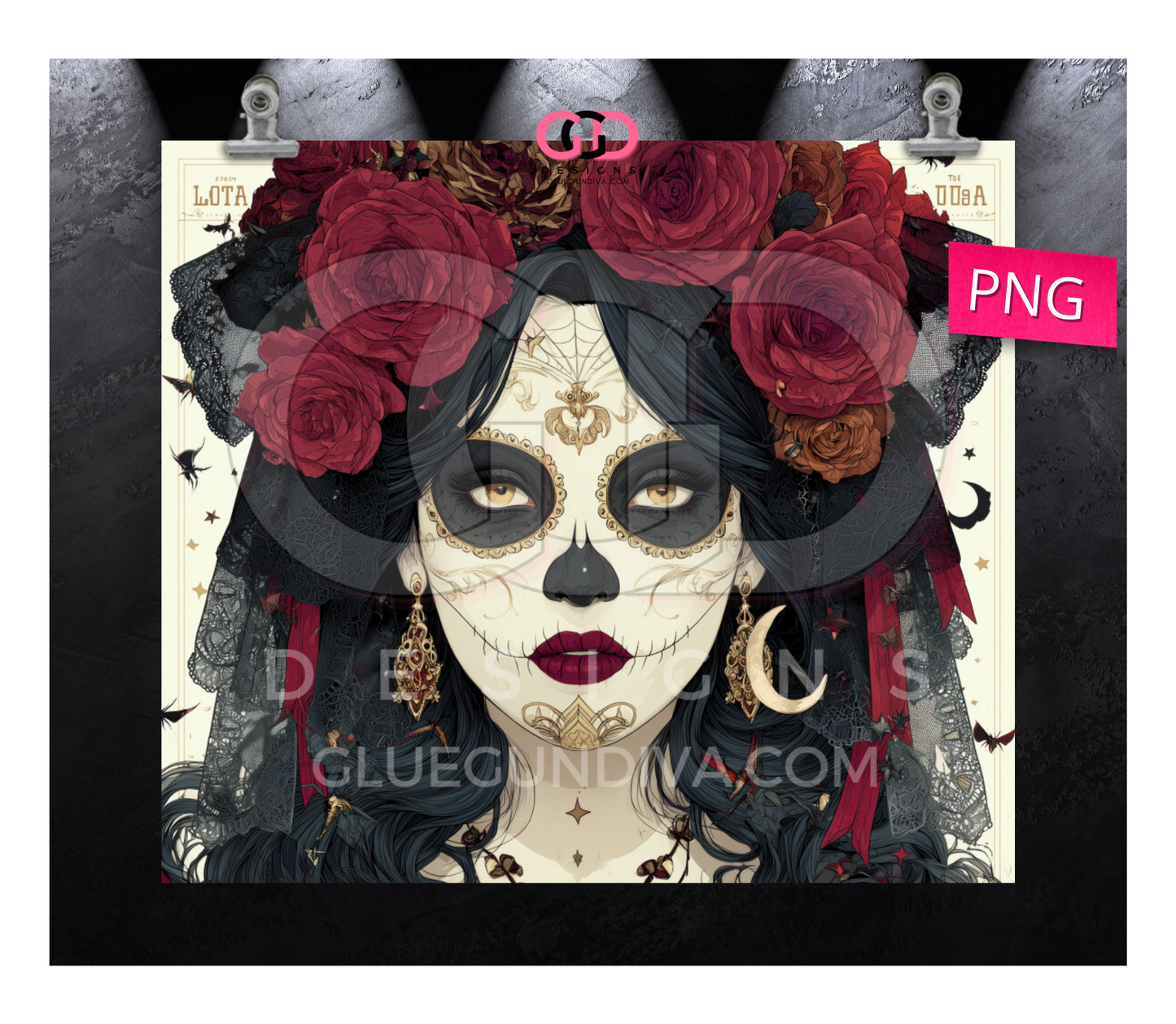 Calavera Burgundy Roses-   Digital tumbler wrap for 20 oz skinny straight tumbler
