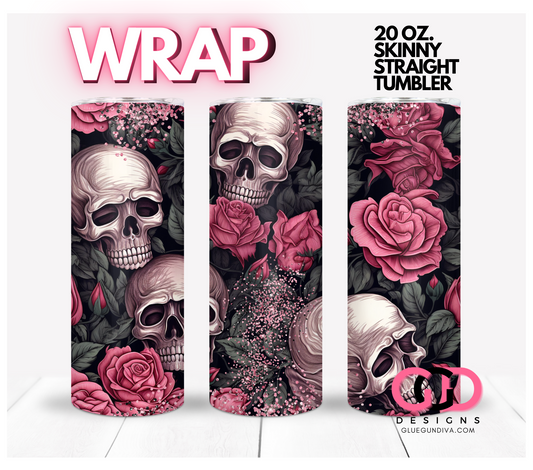 Pink Skulls and Roses -  Digital tumbler wrap for 20 oz skinny straight tumbler