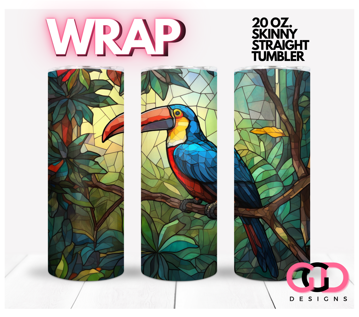 Jungle Stained Glass Toucan-   Digital tumbler wrap for 20 oz skinny straight tumbler