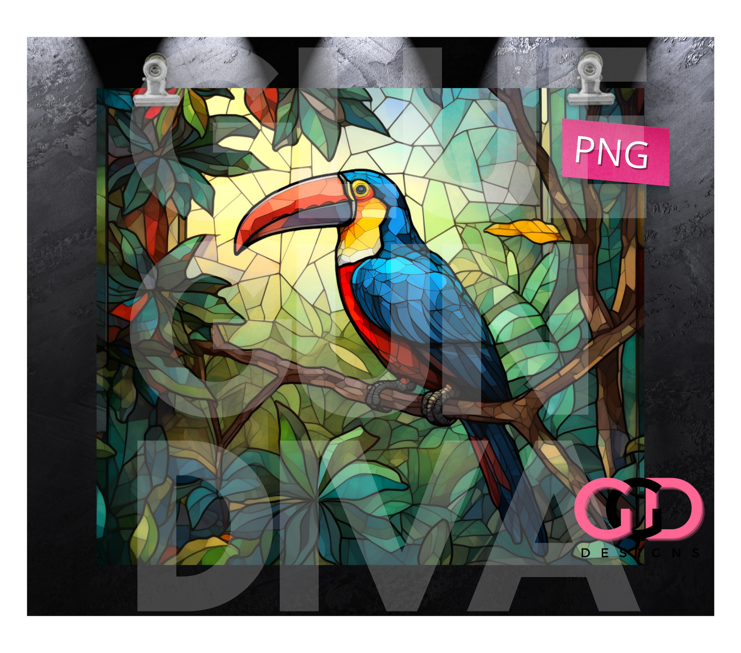 Jungle Stained Glass Toucan-   Digital tumbler wrap for 20 oz skinny straight tumbler