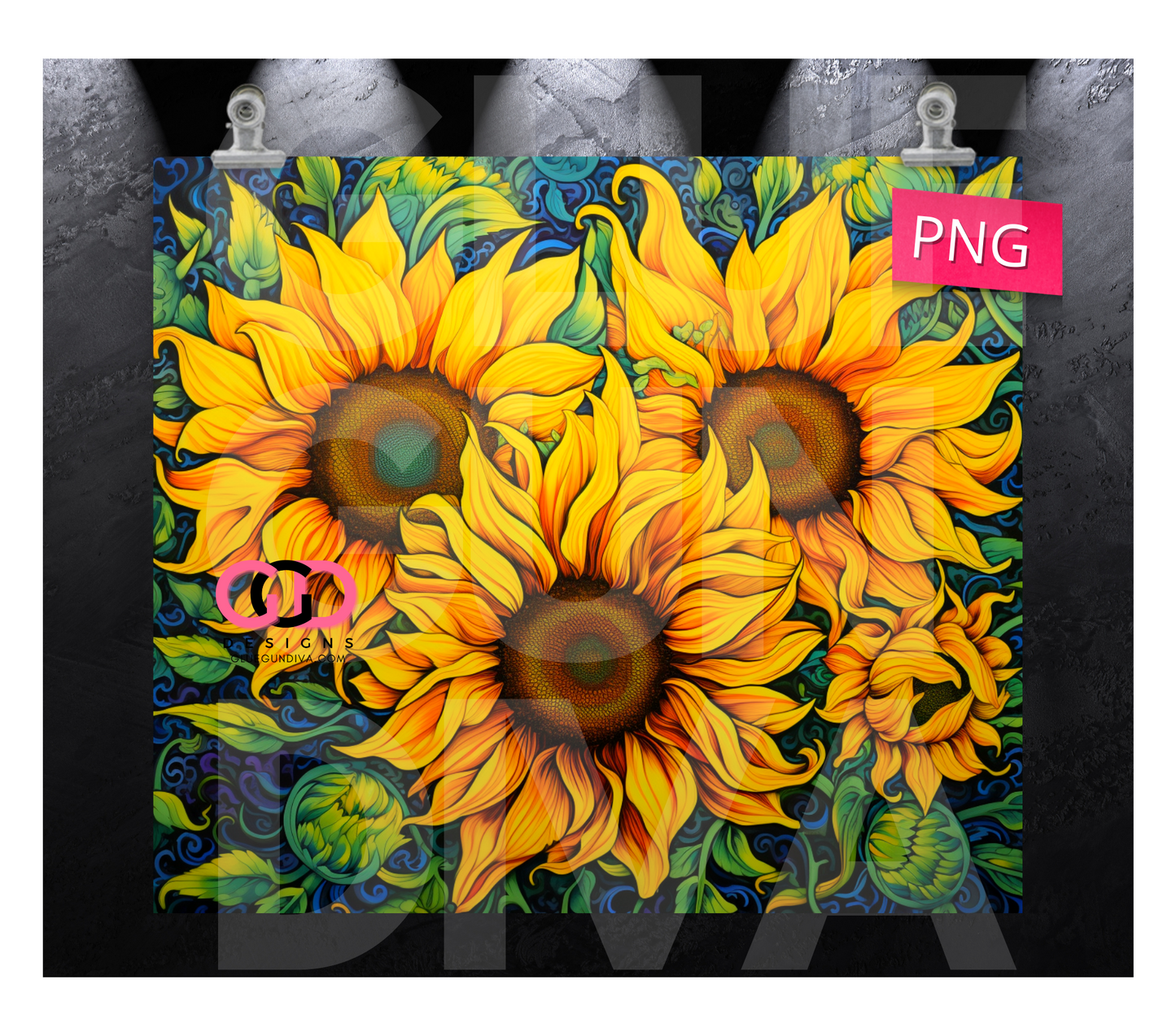 Flowing Sunflowers-   Digital tumbler wrap for 20 oz skinny straight tumbler