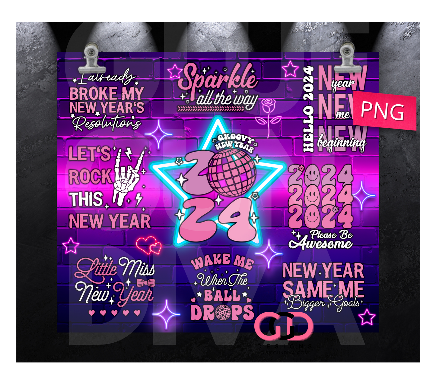 Neon New Year 2024 -   Digital tumbler wrap for 20 oz skinny straight tumbler