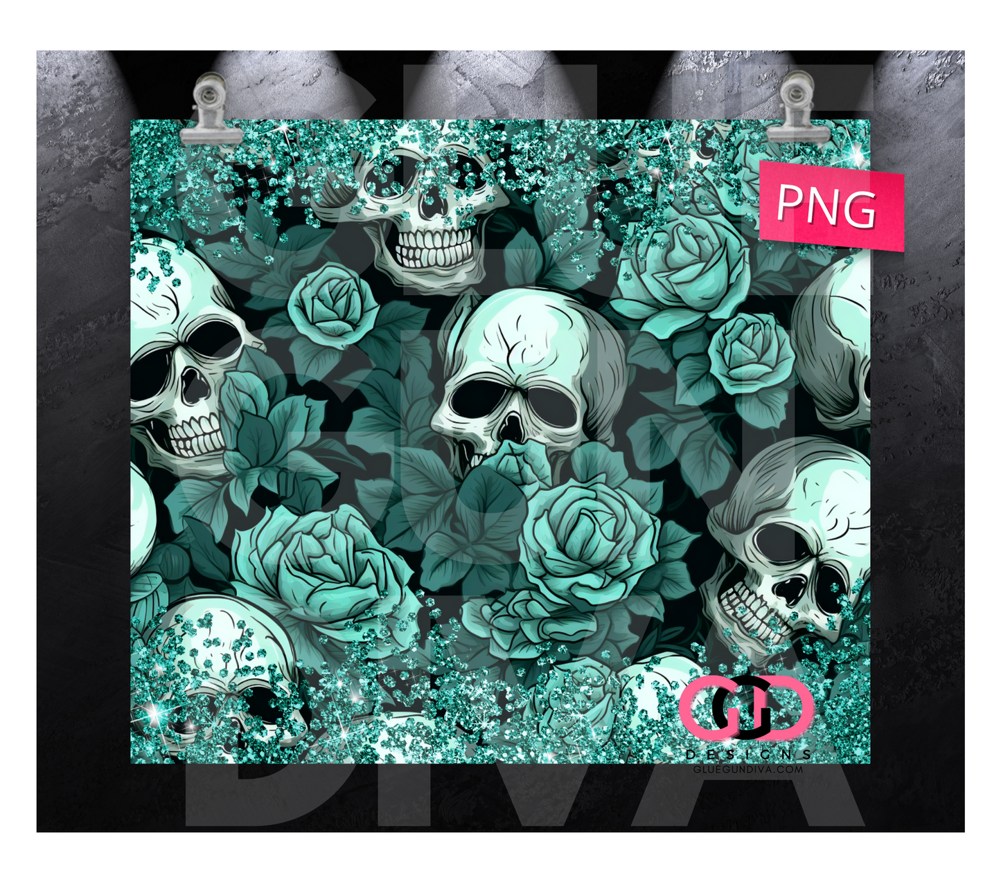 Teal Skulls and Roses -  Digital tumbler wrap for 20 oz skinny straight tumbler