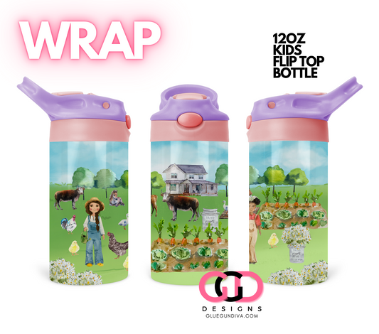Farmer Girls- Digital Flip Top Bottle Wrap for kid's bottles 12 oz