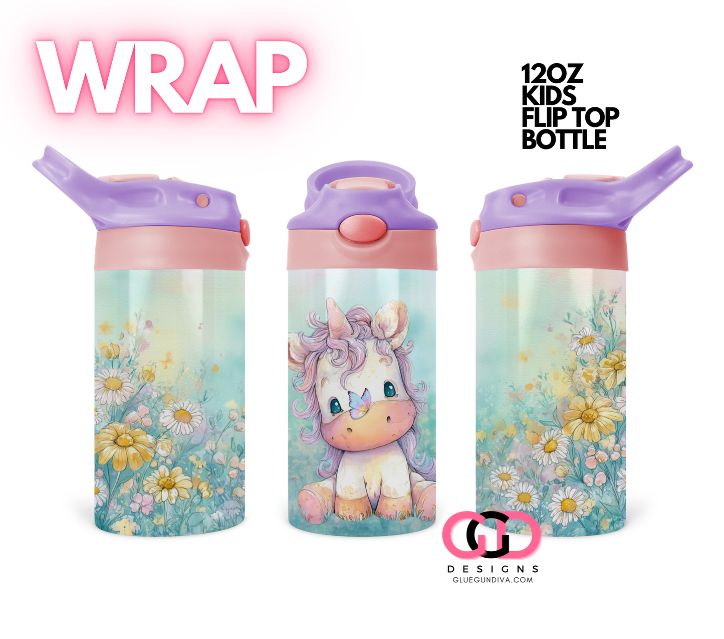 Baby Unicorn and Butterfly - Digital Flip Top Bottle Wrap for kid's bottles 12 oz