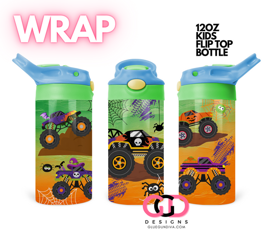 Halloween Monster Trucks - Digital Flip Top Bottle Wrap for kid's bottles 12 oz