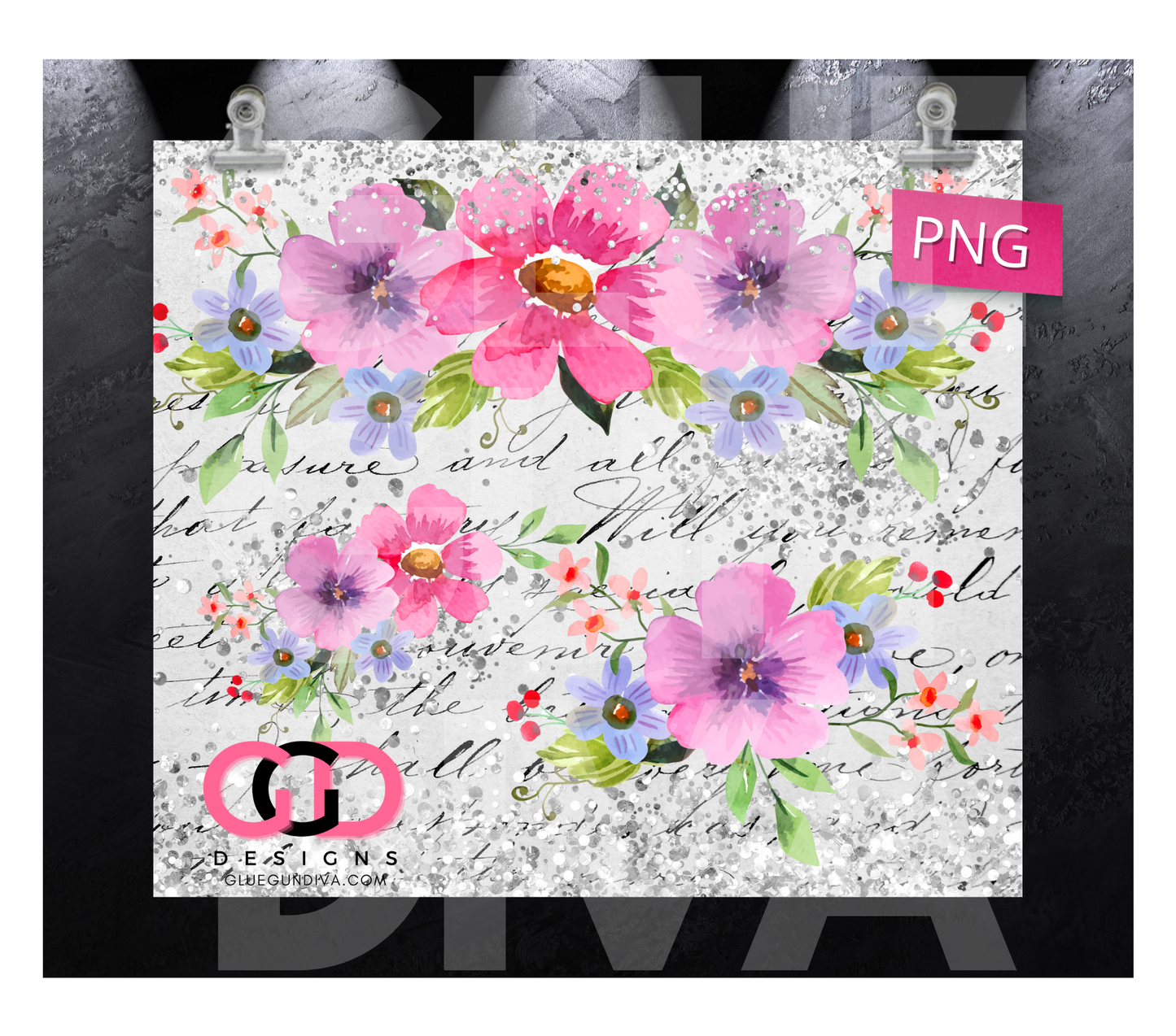 Flowers with Silver Gems-   Digital tumbler wrap for 20 oz skinny straight tumbler