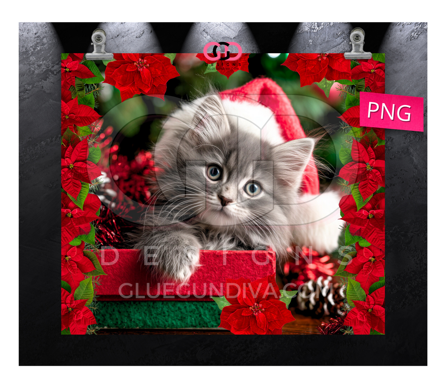 Grey Kitty Poinsettias -   Digital tumbler wrap for 20 oz skinny straight tumbler