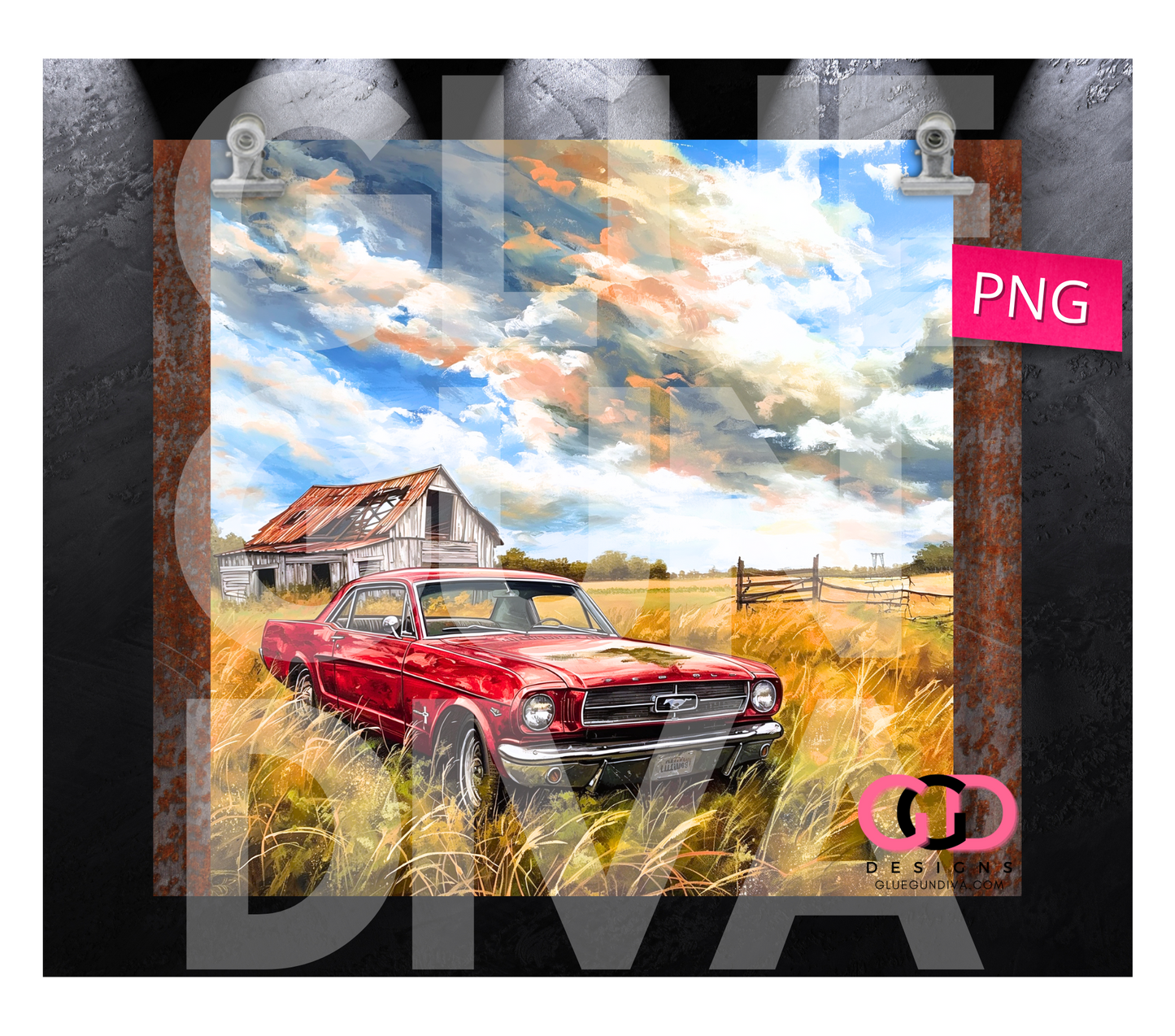 Classic Car and Barn-  Digital tumbler wrap for 20 oz skinny straight tumbler