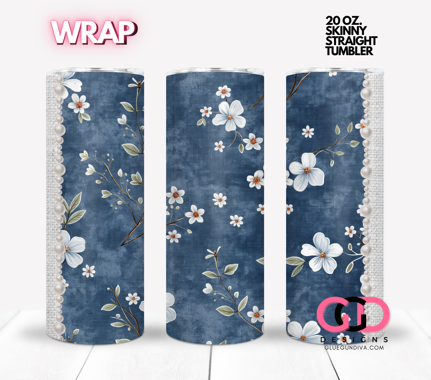 Denim Flower and Pearls-  Digital tumbler wrap for 20 oz skinny straight tumbler