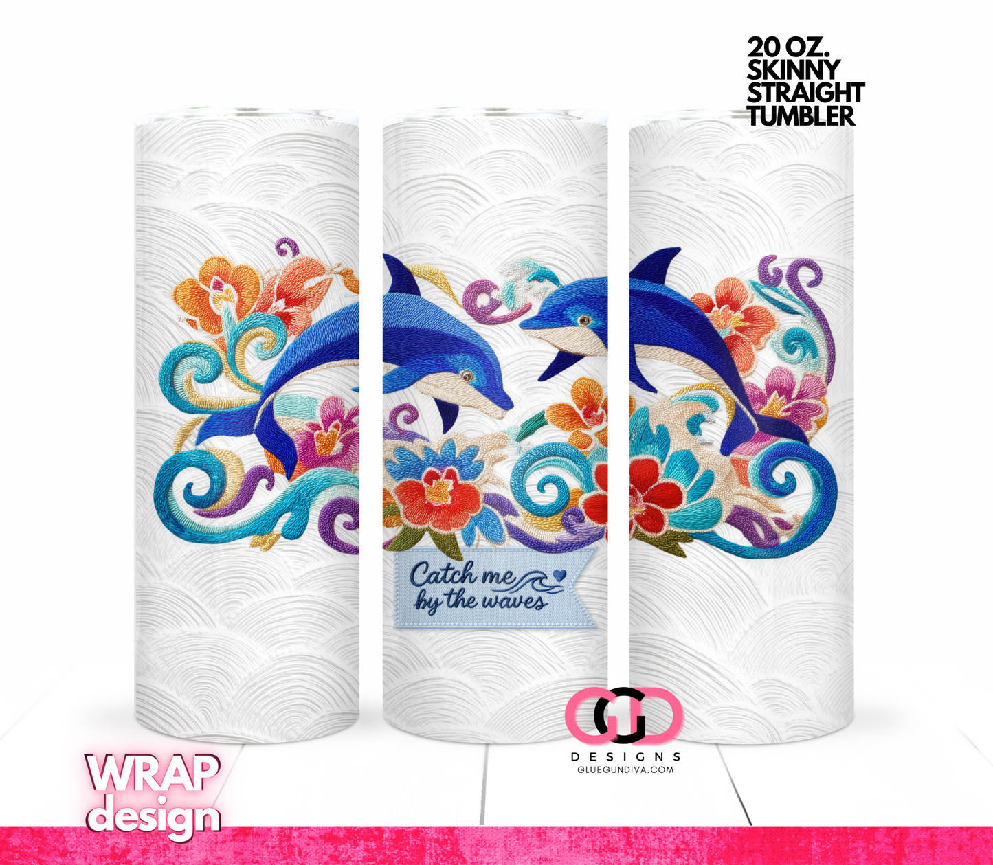 Embroidered Dolphins -  Digital tumbler wrap for 20 oz skinny straight tumbler
