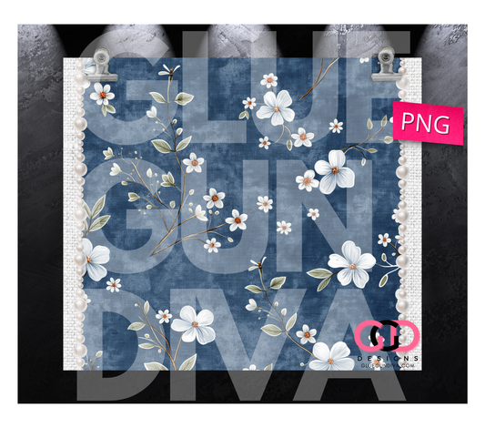 Denim Flower and Pearls-  Digital tumbler wrap for 20 oz skinny straight tumbler