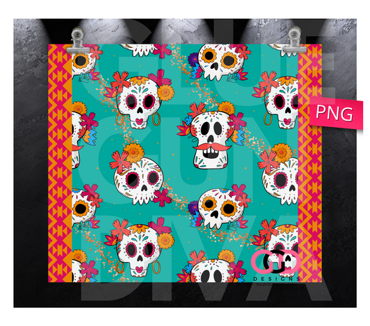 Dia de los muertos teal -  Digital tumbler wrap for 20 oz skinny straight tumbler