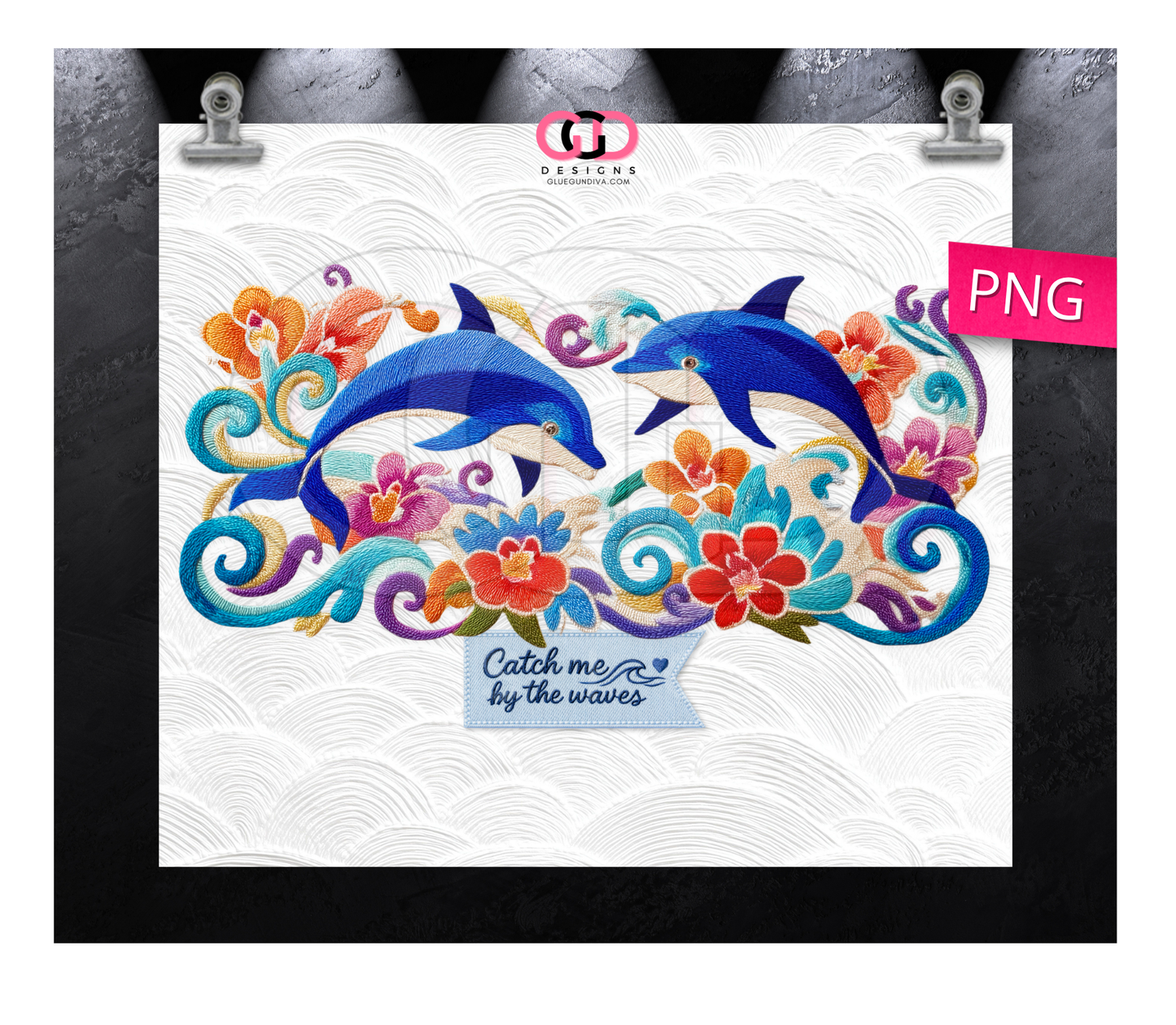 Embroidered Dolphins -  Digital tumbler wrap for 20 oz skinny straight tumbler