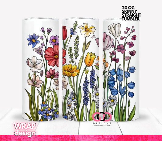 Drawn Flowers on White-   Digital tumbler wrap for 20 oz skinny straight tumbler