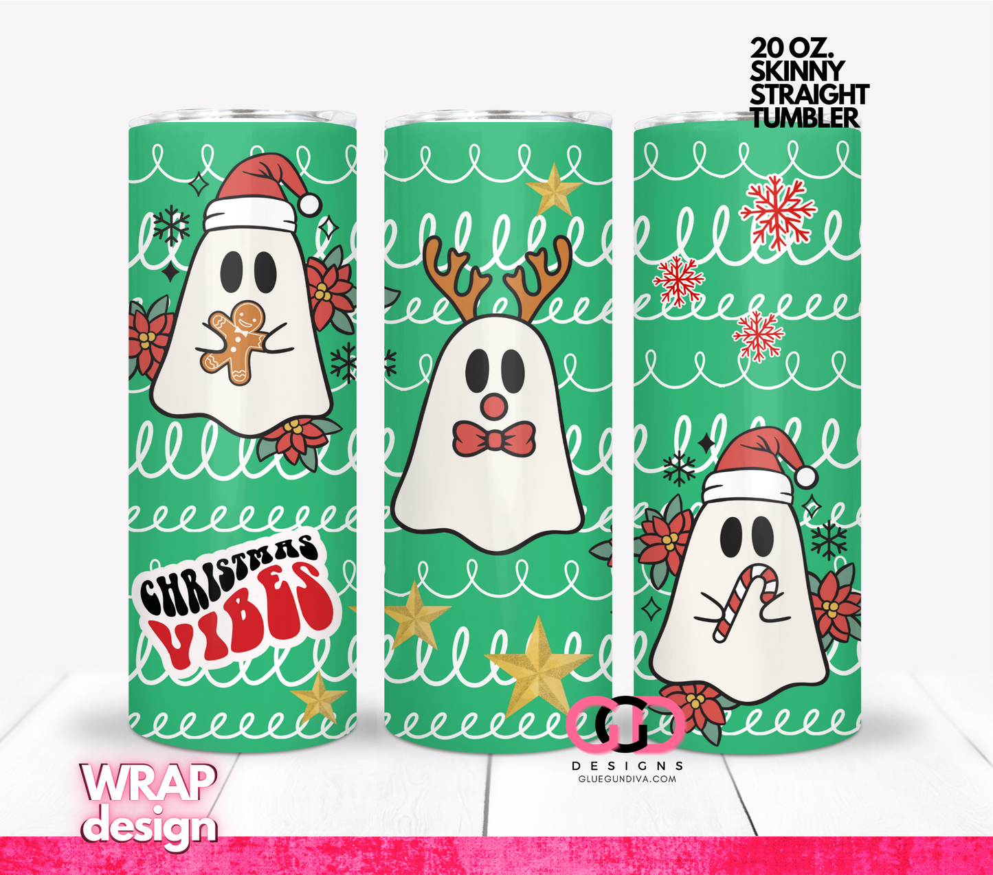 Christmas Vibes Ghosts Trio -  Digital tumbler wrap for 20 oz skinny straight tumbler