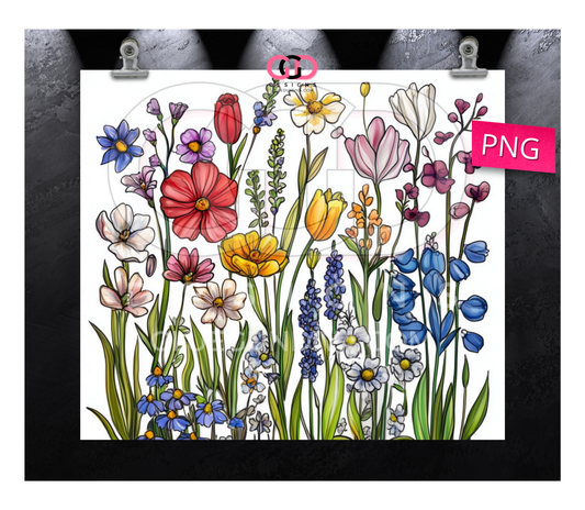 Drawn Flowers on White-   Digital tumbler wrap for 20 oz skinny straight tumbler