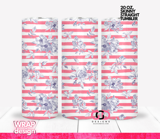 Purple Flowers on Stripes-   Digital tumbler wrap for 20 oz skinny straight tumbler