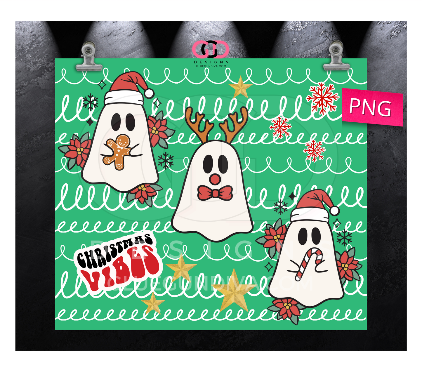 Christmas Vibes Ghosts Trio -  Digital tumbler wrap for 20 oz skinny straight tumbler