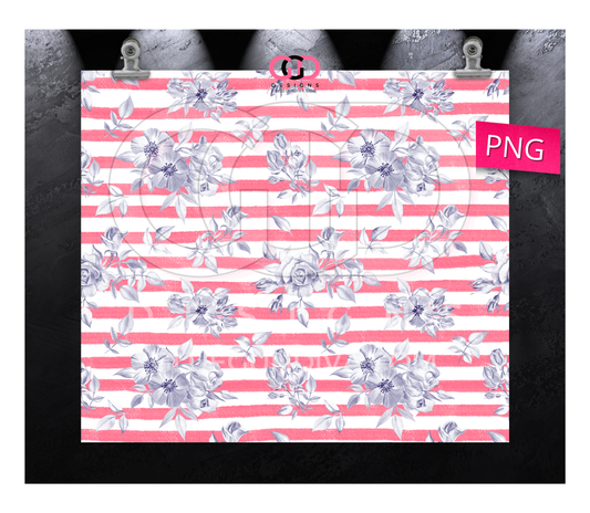Purple Flowers on Stripes-   Digital tumbler wrap for 20 oz skinny straight tumbler