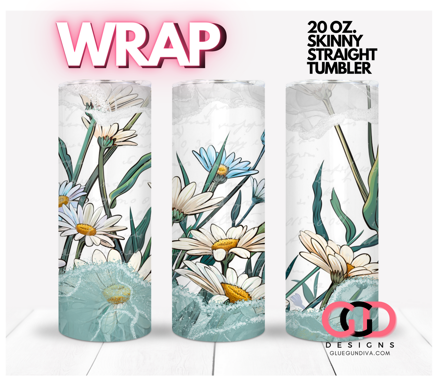 Ink Framed Daisies -  Digital tumbler wrap for 20 oz skinny straight tumbler