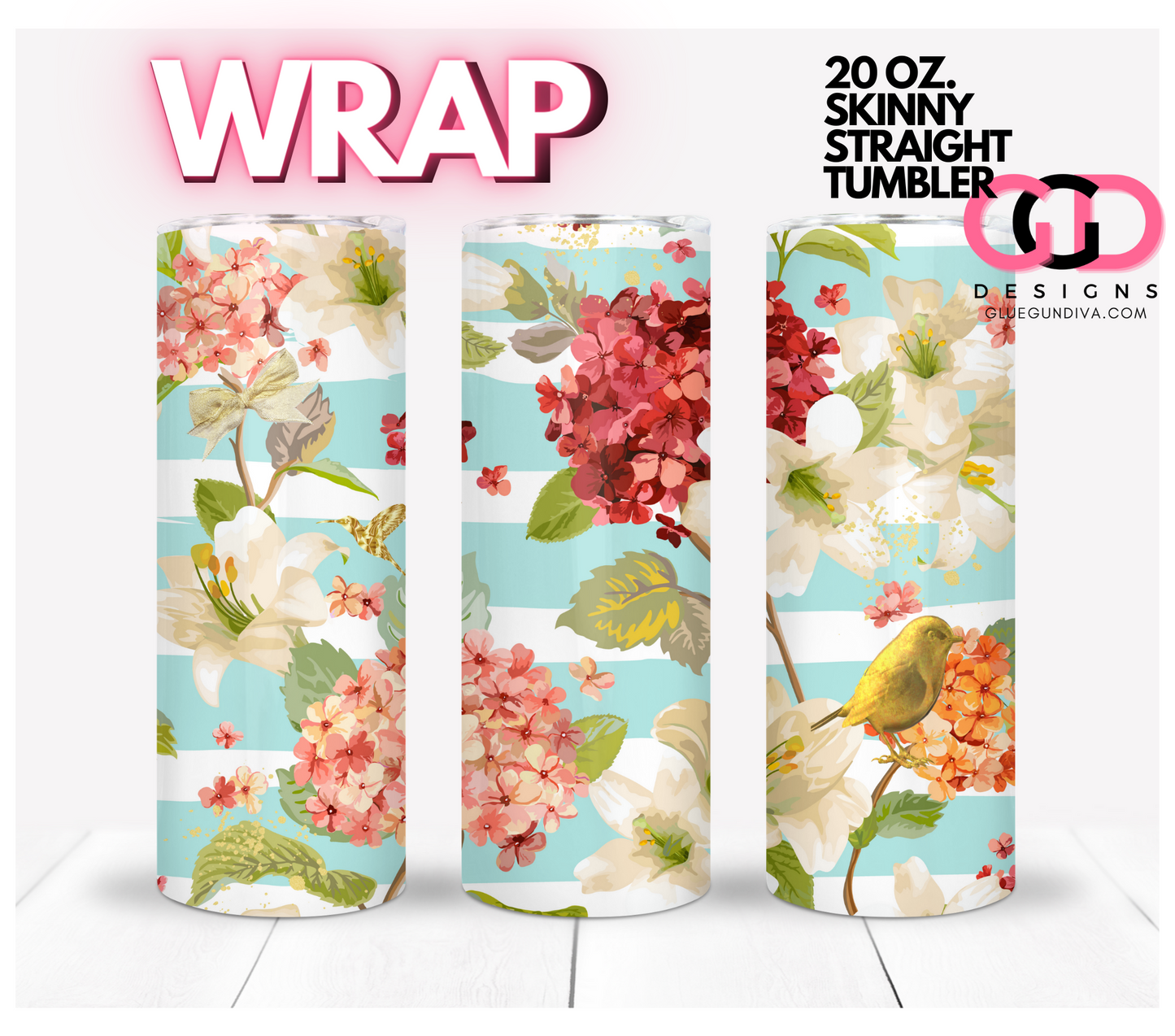 Flowers and Golden Creatures -    Digital tumbler wrap for 20 oz skinny straight tumbler