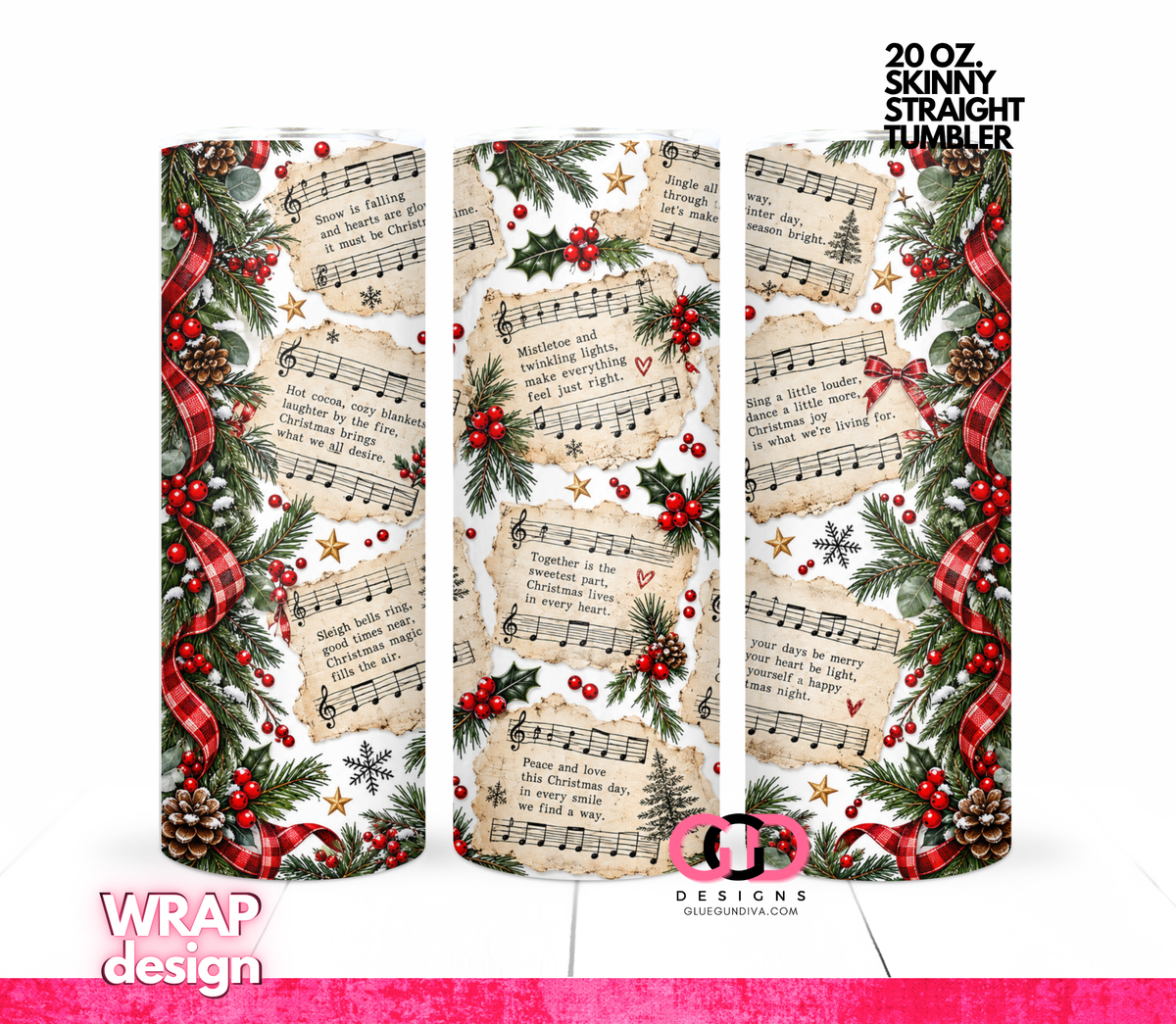 Christmas Music Sheets -  Digital tumbler wrap for 20 oz skinny straight tumbler