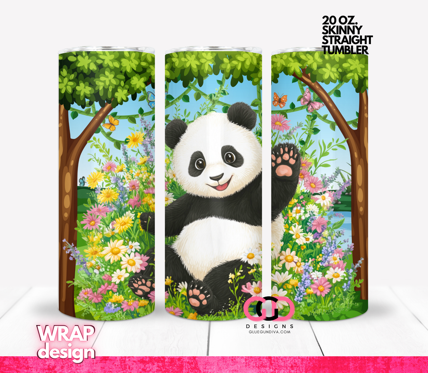 Waving Panda In Wilderness -  Digital tumbler wrap for 20 oz skinny straight tumbler