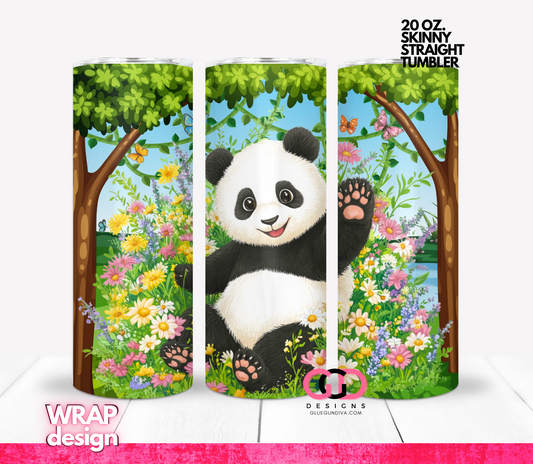 Waving Panda In Wilderness -  Digital tumbler wrap for 20 oz skinny straight tumbler