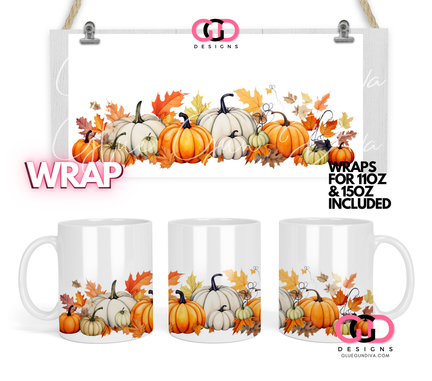 White and Orange Pumpkins - Digital mug wrap for 11 and 15 oz