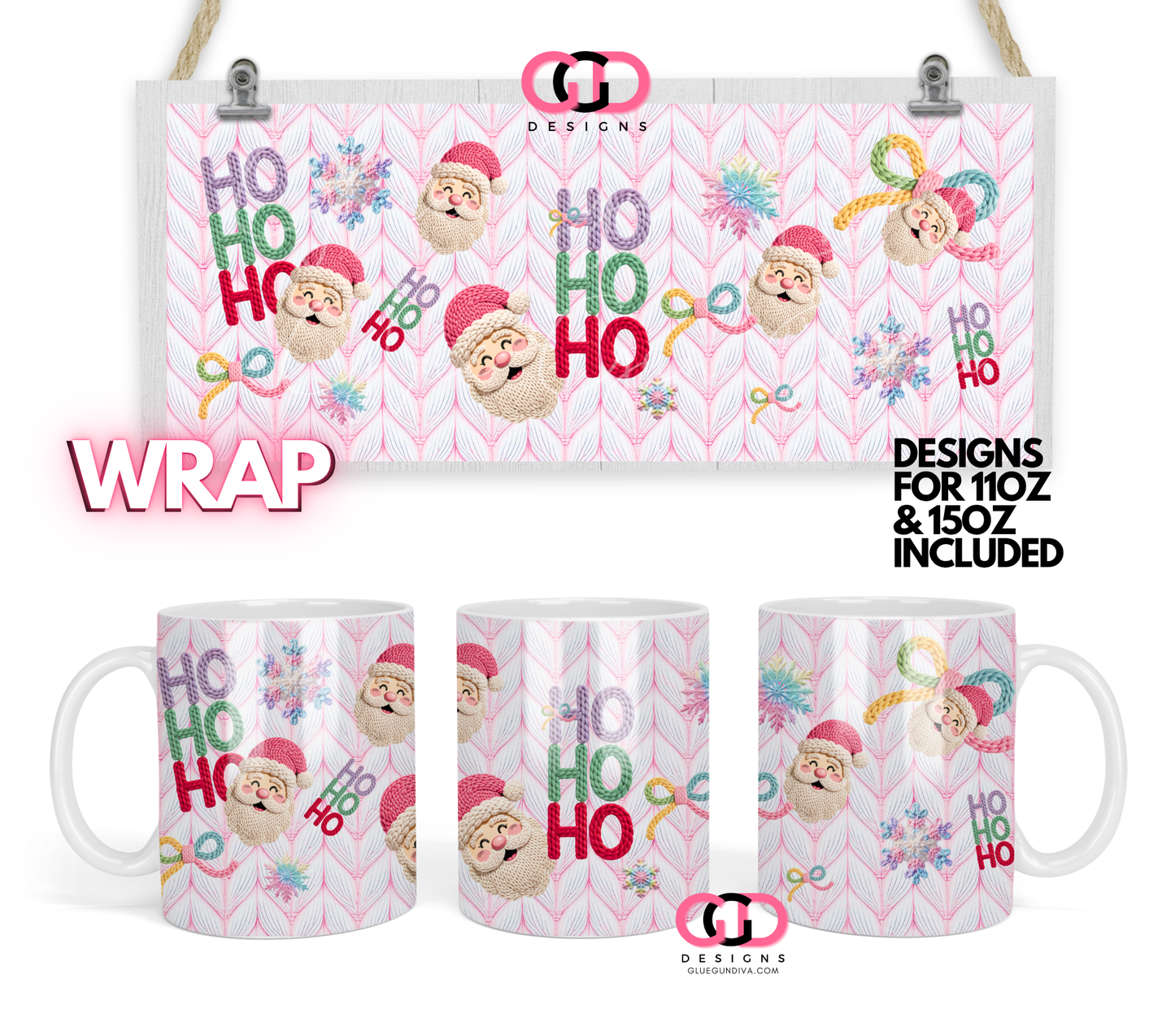 Knitted Santa Ho Ho Ho - Digital mug wrap for 11 and 15 oz