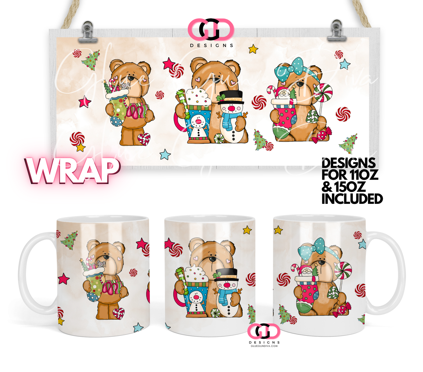 Cute Christmas Bears - Digital mug wrap for 11 and 15 oz