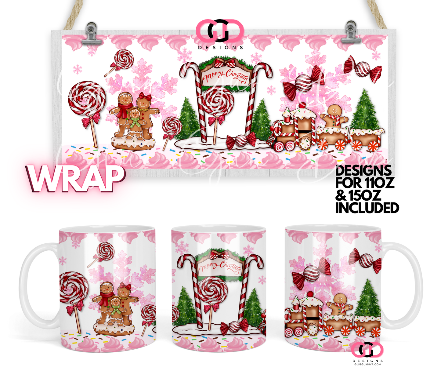 Pink Ginger Christmas - Digital mug wrap for 11 and 15 oz