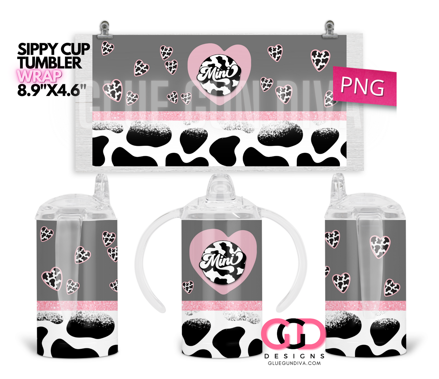 Mini Pink Grey Cow Print - Digital Sippy Cup Wrap for kid's cups 12 oz