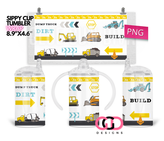 Dump Trucks - Digital Sippy Cup Wrap for kid's cups 12 oz