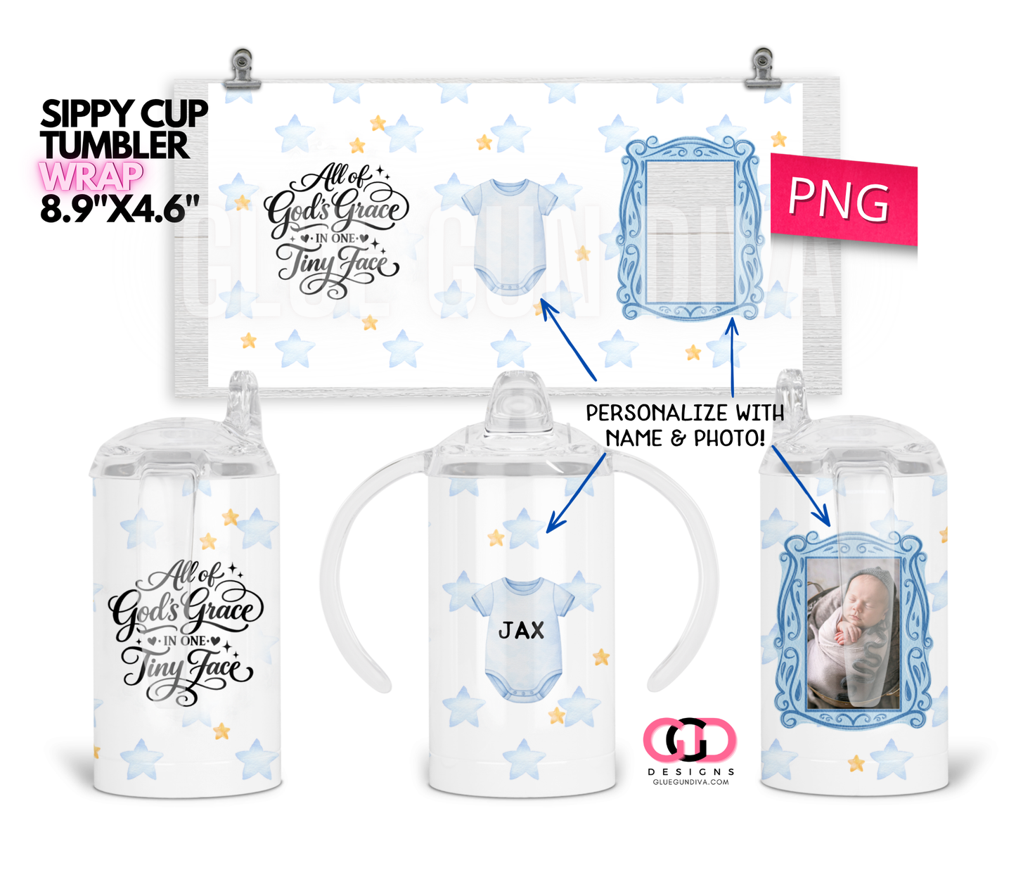Blue All God's Grace - Digital Sippy Cup Wrap for kid's cups 12 oz