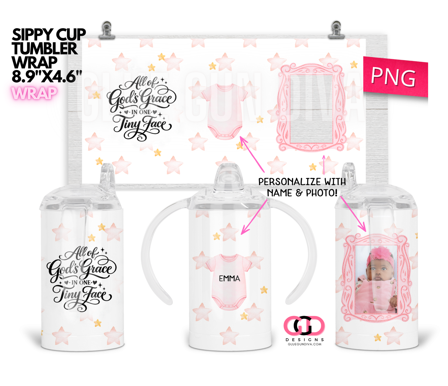 Pink All God's Grace - Digital Sippy Cup Wrap for kid's cups 12 oz